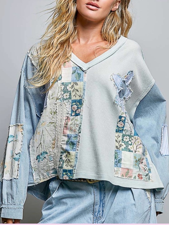 POL Tops - POL Patchwork Floral V-Neck Top in Light Blue, Cream